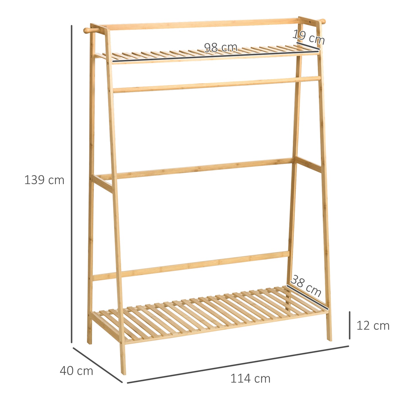 HOMCOM Kleiderständer aus Bambus, 2 Kleiderhaken, Kleiderstange, 2 Ablagen, 114 x 40 x 139 cm