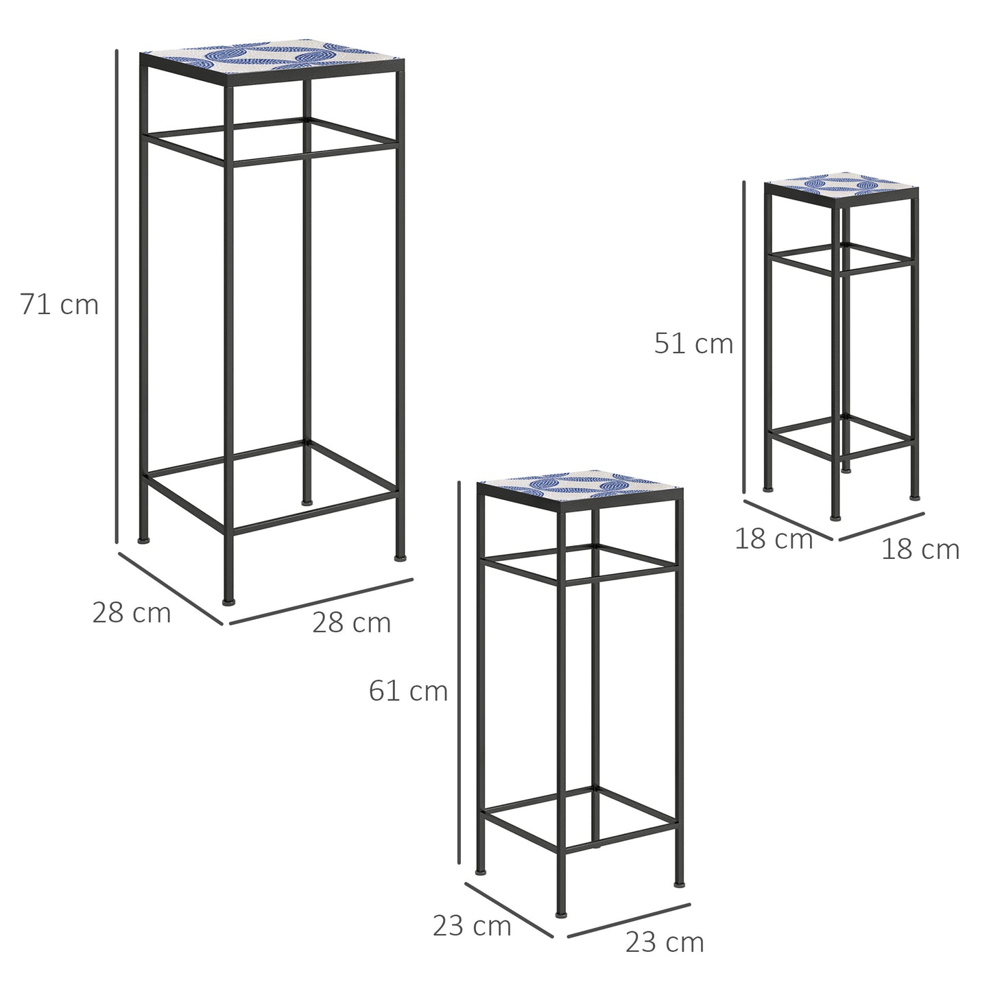 Outsunny 3er-Set Pflanzenständer, 3 verschieden große Gestelle zum Präsentieren von Blumen und anderen Gegenständen, Blau+Weiß