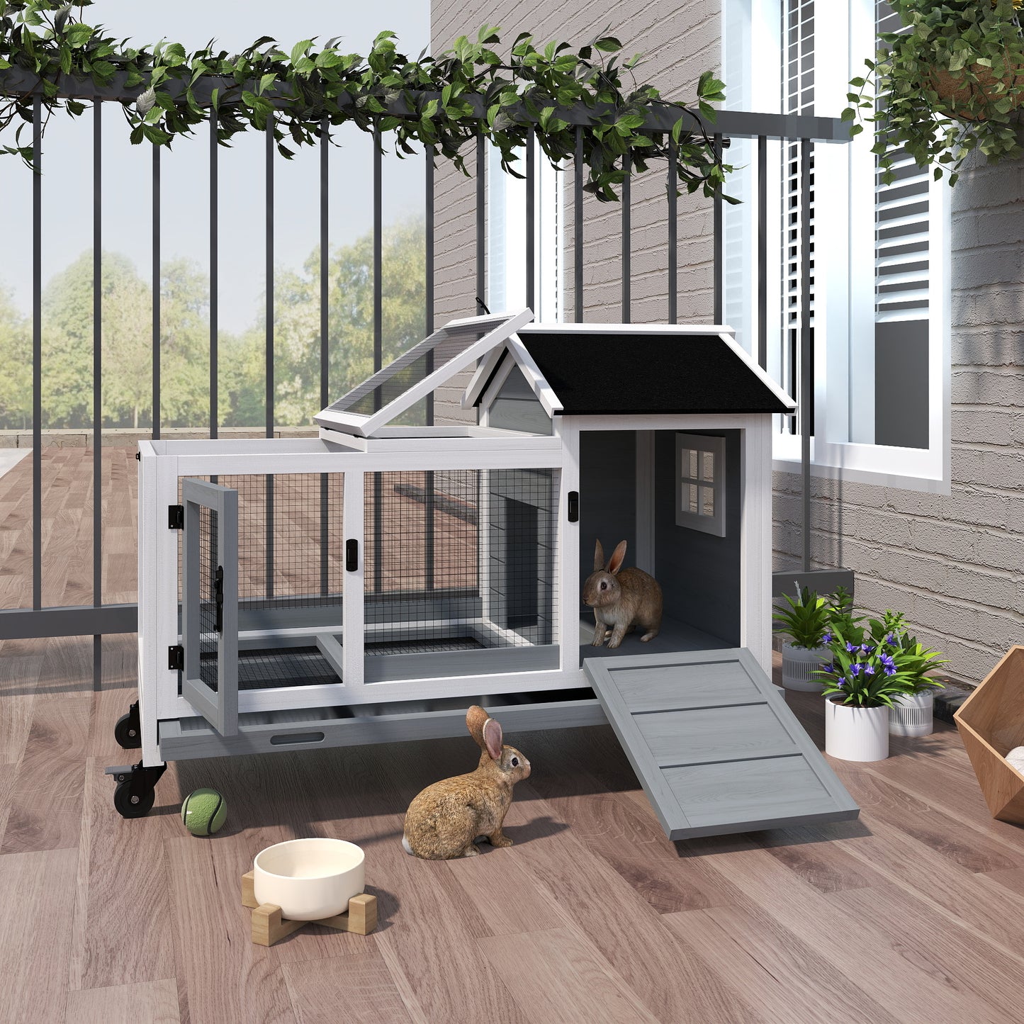 PawHut Kleintierstall für Zwergkaninchen, Meerschweinchen, mit Rädern, 108 x 58 x 73,5 cm, Grau