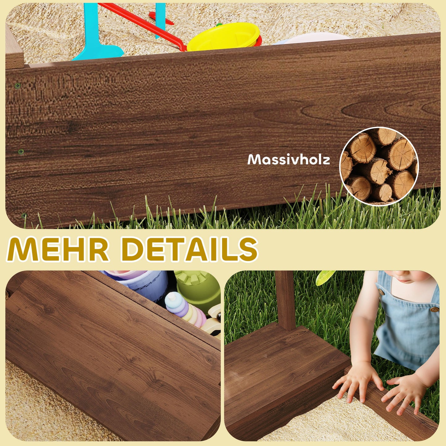 AIYAPLAY Sandkasten, Sandkiste mit Vordach und Netztür, Sitzbänke, Bodenschutz, Braun
