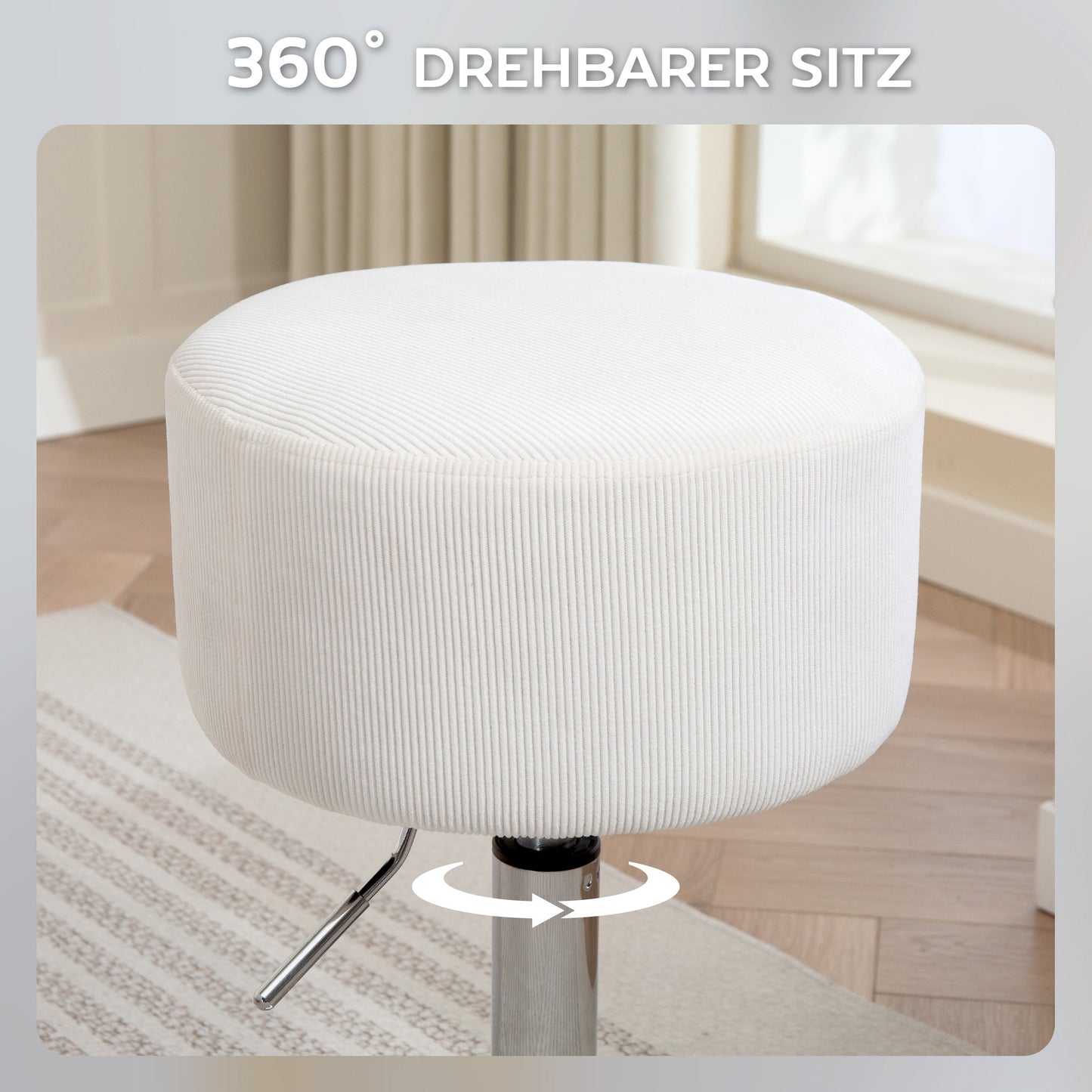 HOMCOM Barhocker, Gepolstert Barstuhl mit Metallgestell, Cordoptik, Höhenverstellbar 360° Drehbar Weiß