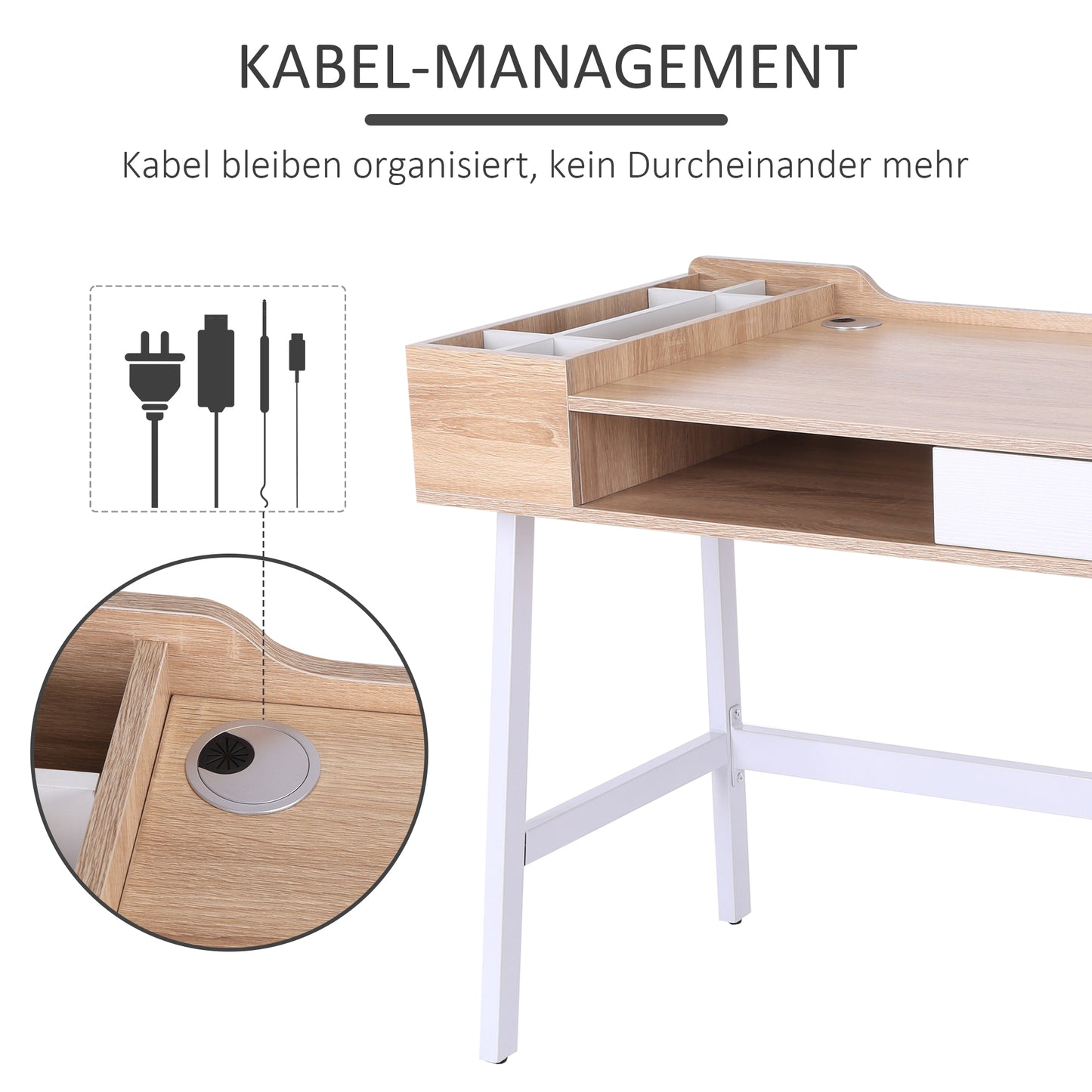HOMCOM Schreibtisch Computertisch Bürotisch Arbeitstisch PC Tisch vielseitig verwendbar mit sechs Ablagefächern Schublade Breite Tischplatte für Arbeitszimmer Büro und Wohheim Natur 100 x 55 x 81,5 cm
