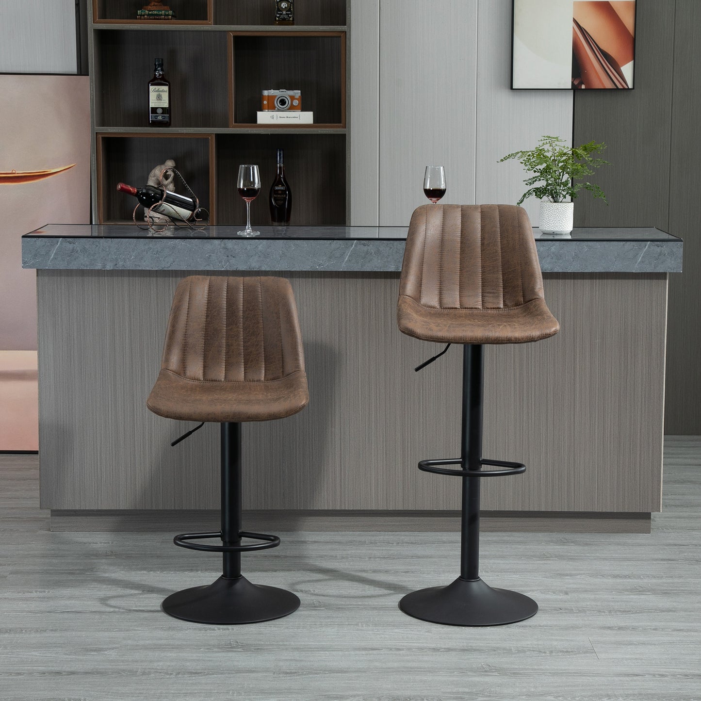HOMCOM 2er-Set Barhocker من التصميم الرجعي، بالحبر. Fußstütze، höhenverstellbar، Gaslift، Braun + Schwarz