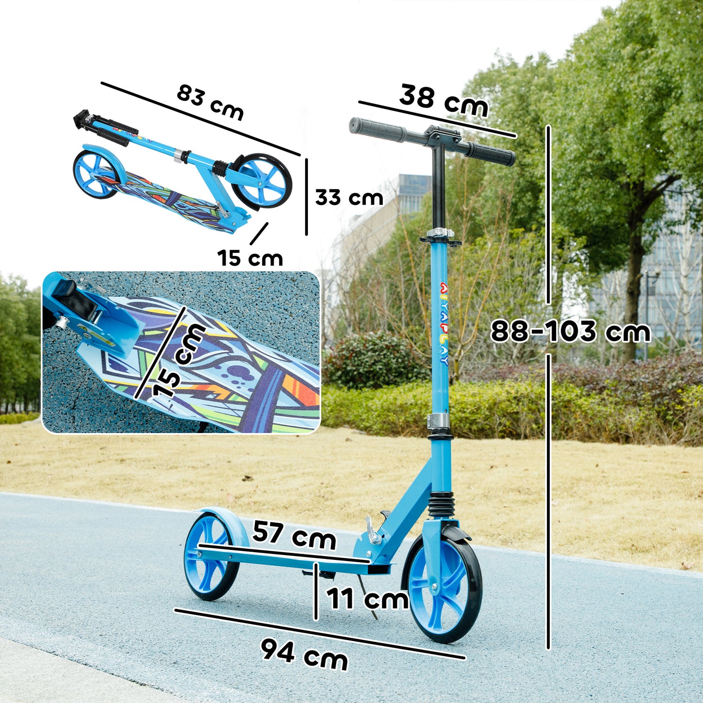 AIYAPLAY Tretroller, höhenverstellbar, Hinterradbremse, faltbar, 100 kg belastbar, Blau