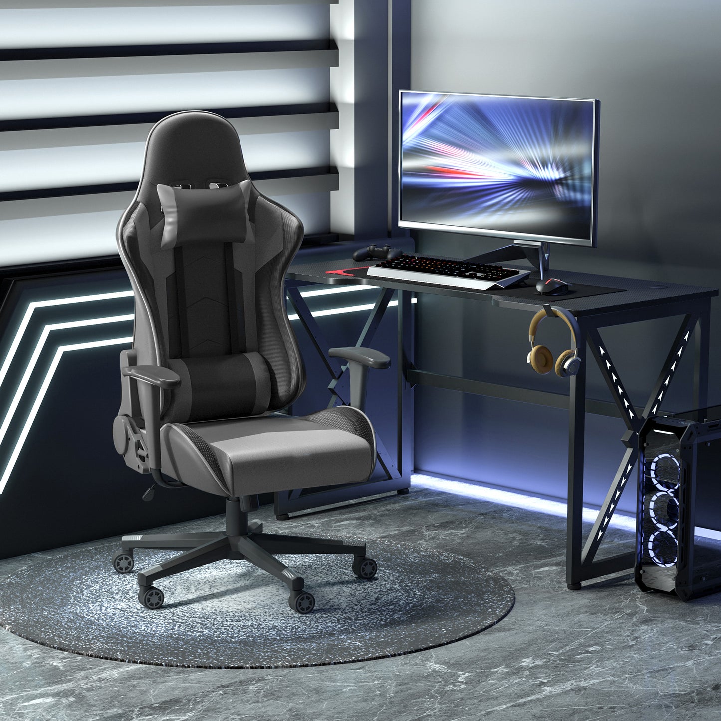 Vinsetto Ergonomischer Bürostuhl, Gaming Stuhl, Drehstuhl, Kunstleder, Schaumstoff, Schwarz, 67,5 x 74x 126-136 cm