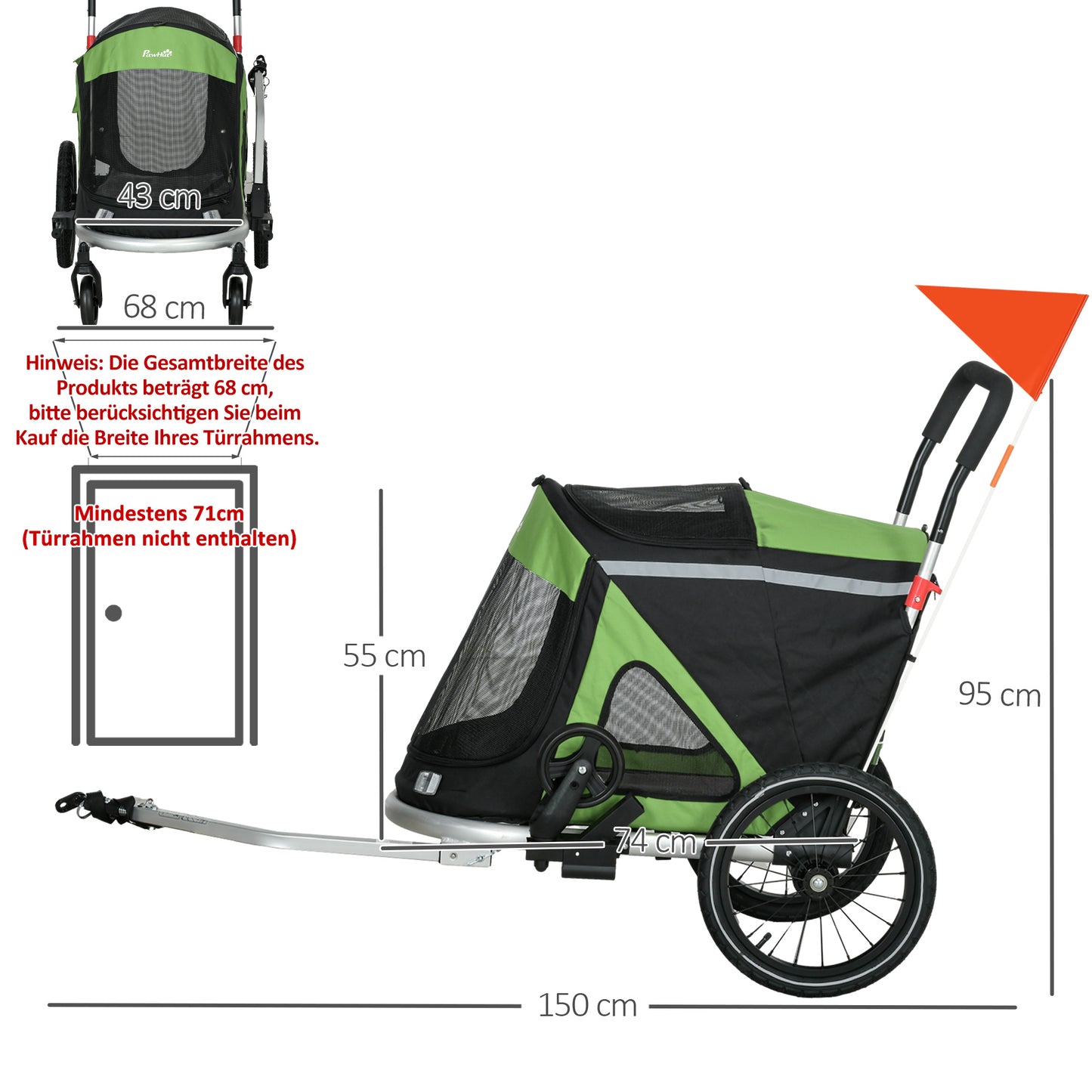 PawHut 2-in-1 Hundebuggy Hundejogger Fahrradanhänger bis 20kg 2 Reflektoren 1 Sicherheitsleine 150 x 68 x 95 cm Grün