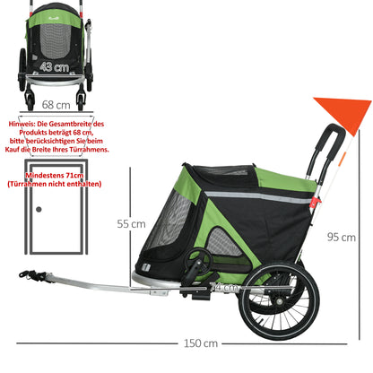 PawHut 2-in-1 Hundebuggy Hundejogger Fahrradanhänger bis 20kg 2 Reflektoren 1 Sicherheitsleine 150 x 68 x 95 cm Grün