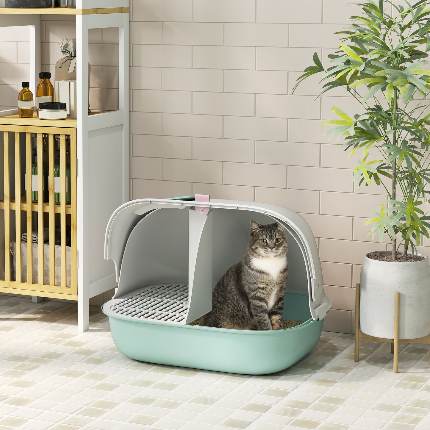 PawHut Katzentoilette mit Deckel, Katzenklo mit internem Kanal, Tür, Schaufel, leicht zu reinigen, Kunststoff, Grün