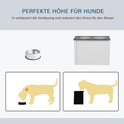 PawHut Futterstation Erhöhte Fressnäpfe 1 Stauraum 2 Edelstahl-Futternäpfe, 60 x 30 x 42cm, Weiß + Grau