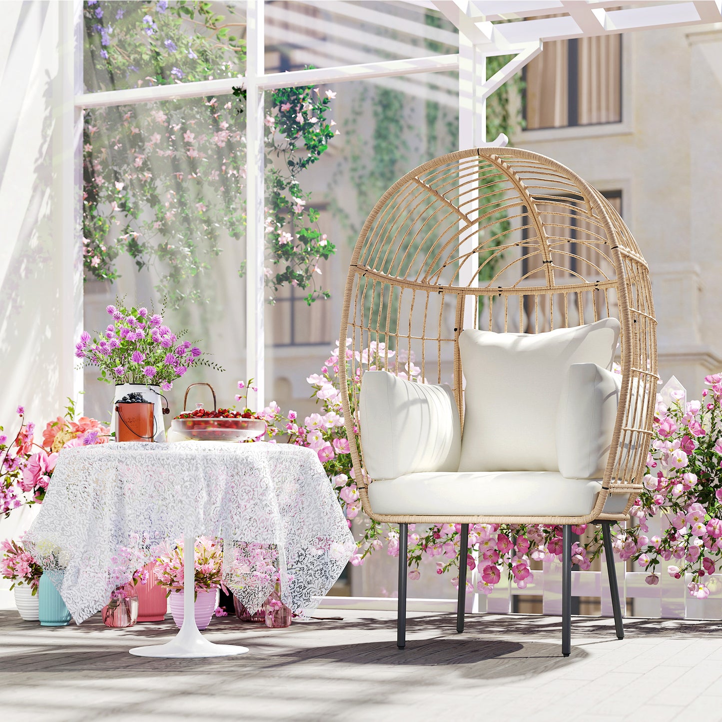 Outsunny Rattansessel Ei-Förmig mit abnehmbarem Kissen, Polster, Outdoor Sessel aus Rattan 95 x 80 x 155 cm Beige