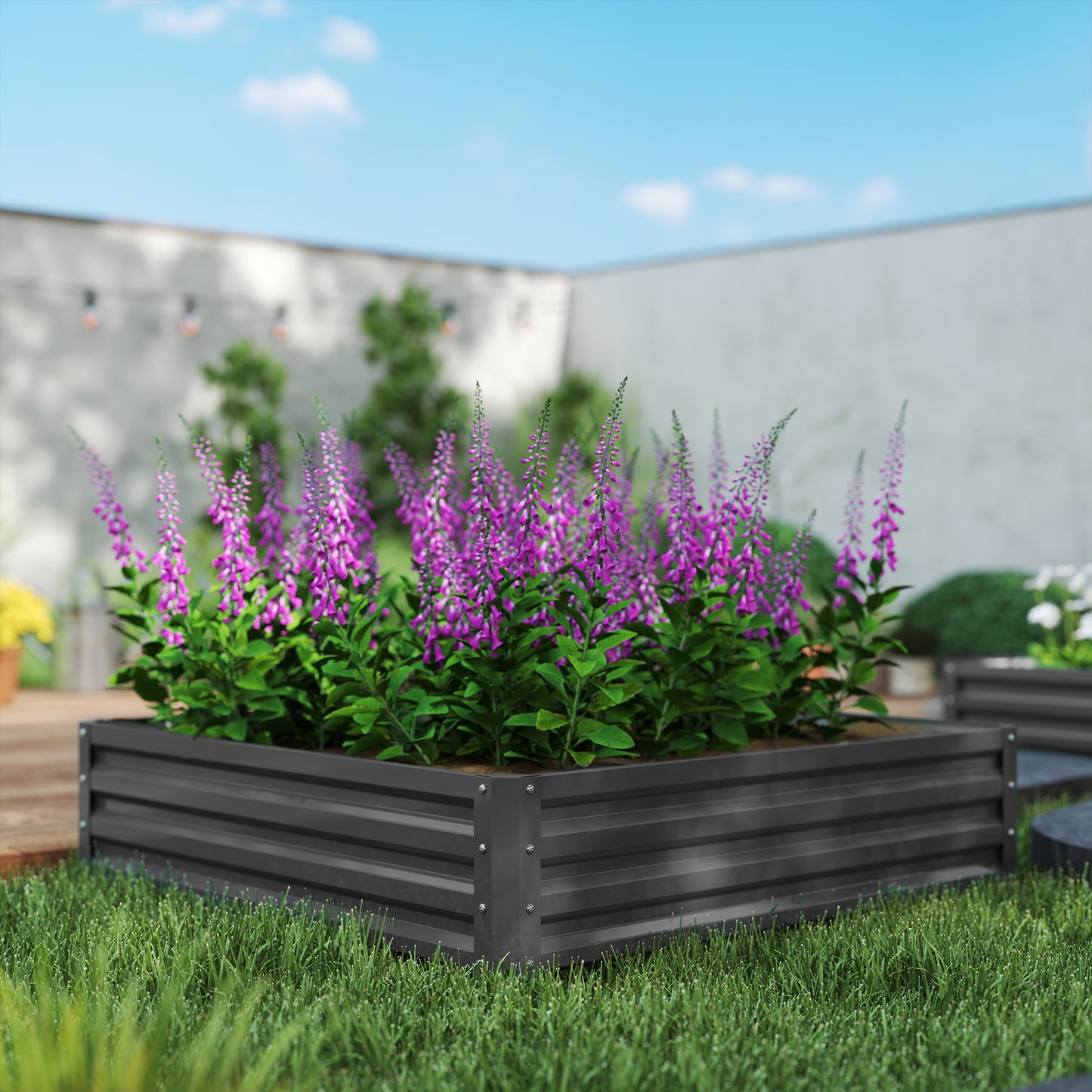 Outsunny Gartenbeet, Pflanzkasten mit Stahlgehäuse, Hellgrau, 120 x 120 x 30 cm
