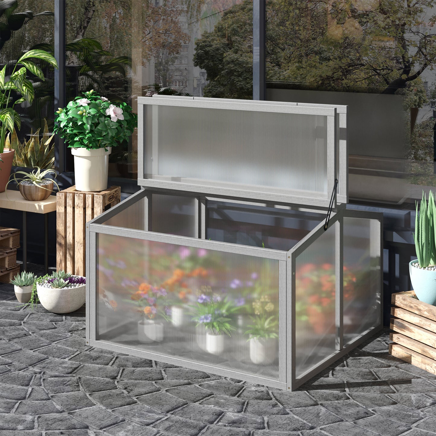 Outsunny Frühbeet Treibhaus Gewächshaus Frühbeetkasten Pflanzenbeet mit Abdeckung aus Holz und Polycarbonat wetterfest Hellgrau 90 x 80 x 58 cm