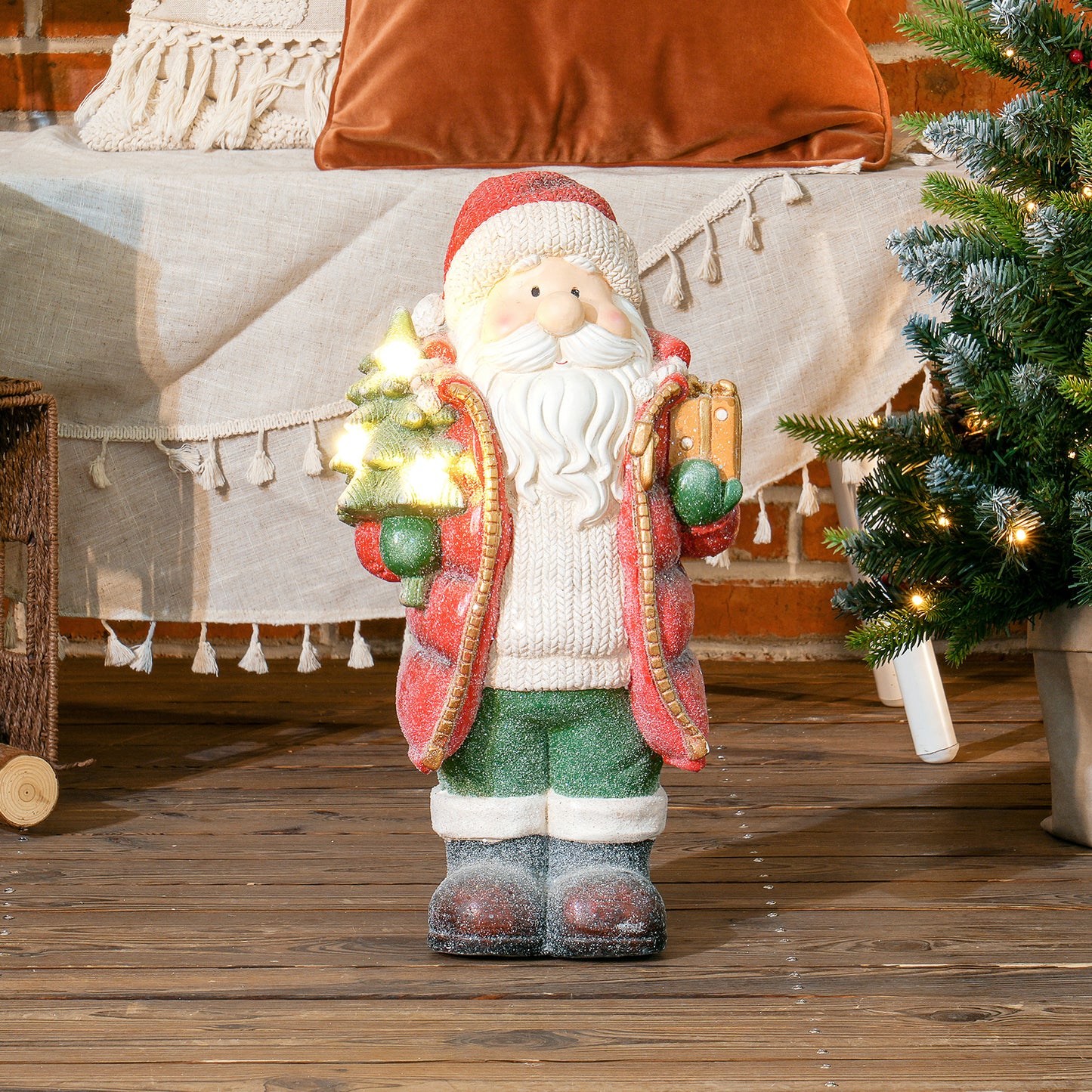 HOMCOM Weihnachtsmannfigur mit Baum und Geschenk, 3 warmweiße LEDs, batteriebetrieben, 50 cm