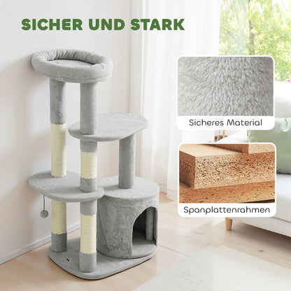 PawHut Kratzbaum 114 cm Katzenturm mit Höhle, Sisalstämme, Plattform, mehrstöckig ür mittelgroße Katzen unter 6 kg, Hellgrau