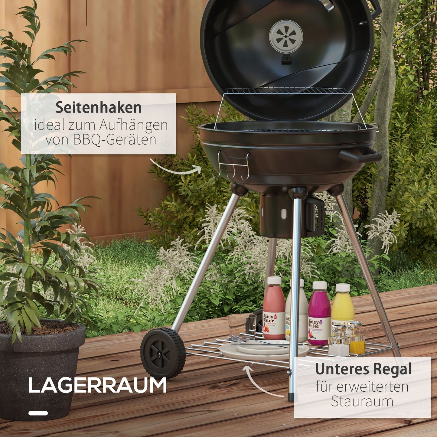 Outsunny Kugelgrill, Ø54 cm Grillrost, Warmhalterost, Ablage, Aschefach, Thermometer, 55 x 65 x 89 cm, Schwarz