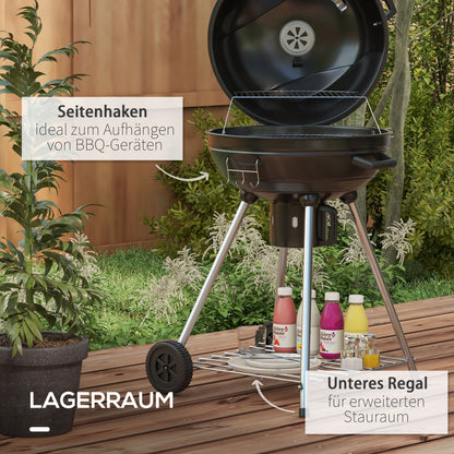 Outsunny Kugelgrill, Ø54 cm Grillrost, Warmhalterost, Ablage, Aschefach, Thermometer, 55 x 65 x 89 cm, Schwarz