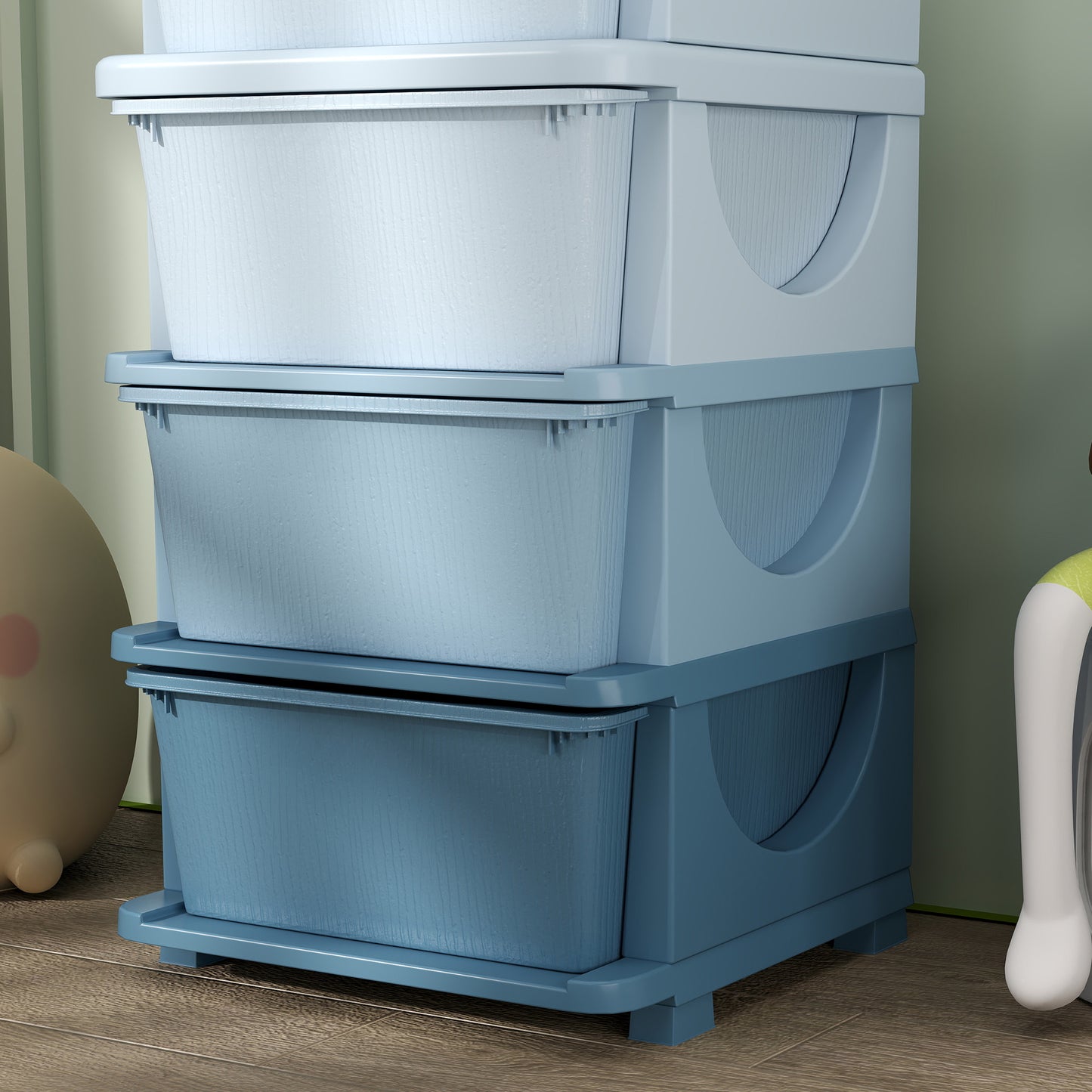 HOMCOM Aufbewahrungsboxen für Kinder, 4 Schubladen, abgerundete Kanten, erhöhtes Design, Kunststoff, Blau