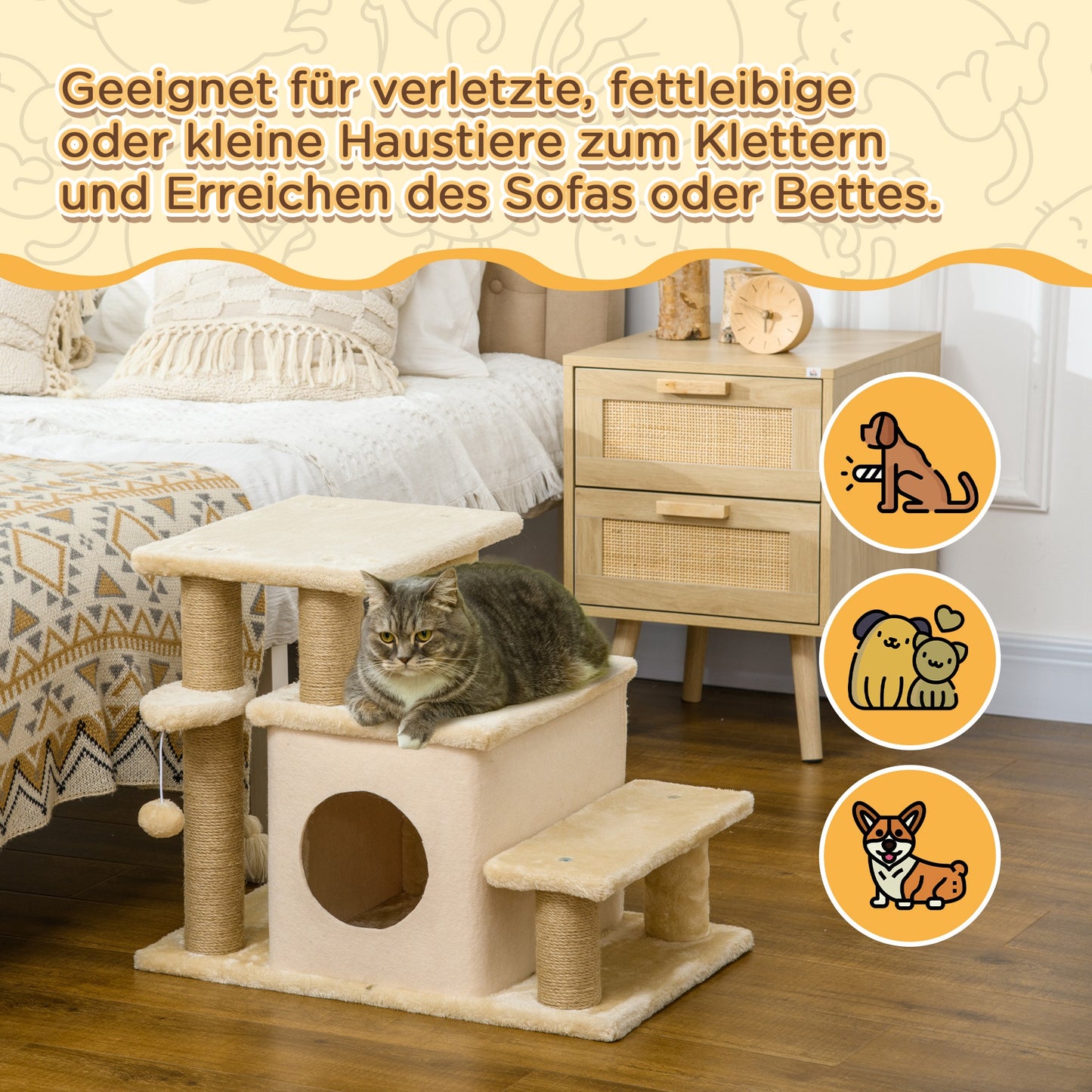 PawHut Haustiertreppe, Kratzbaum, 4 Stufen, Spielball, Häuschen, höhenverstellbar, 60 x 40 x 66 cm, Beige