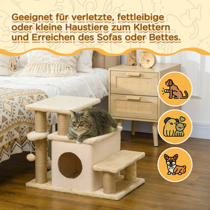 PawHut Haustiertreppe, Kratzbaum, 4 Stufen, Spielball, Häuschen, höhenverstellbar, 60 x 40 x 66 cm, Beige