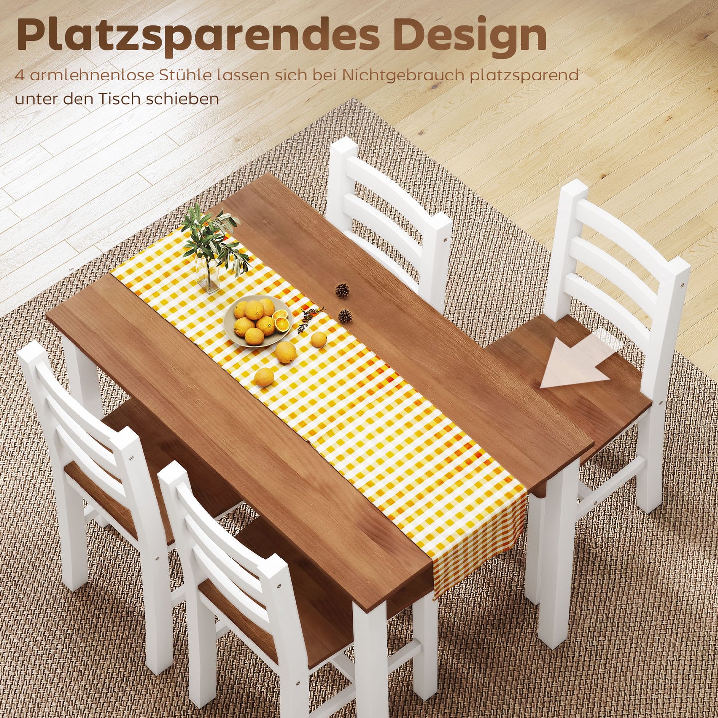 HOMCOM Essgruppenset, Esstisch, 4 Stühle, Esszimmerset, Kiefernholz, Braun+Weiß