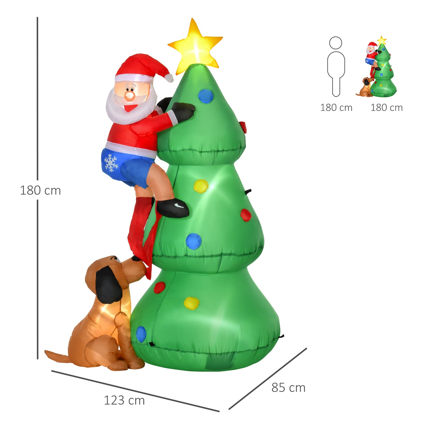 HOMCOM Aufblasbarer Weihnachtsbaum, Weihnachtsdekoration, 1,8 m, inkl. Gebläse, 123 cm x 85 cm x 180 cm, Grün + Rot