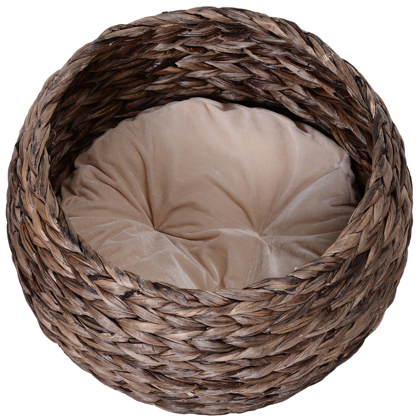 PawHut Katzenkorb aus Wasserhyazinthe inkl. Kissen, Katzenbett, Haustierbett,50 cm x 42 cm x 60 cm, Braun + Beige