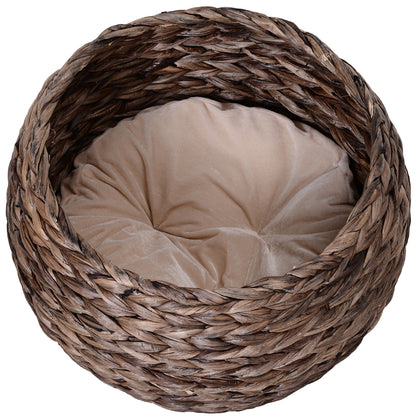 PawHut Katzenkorb aus Wasserhyazinthe inkl. Kissen, Katzenbett, Haustierbett,50 cm x 42 cm x 60 cm, Braun + Beige