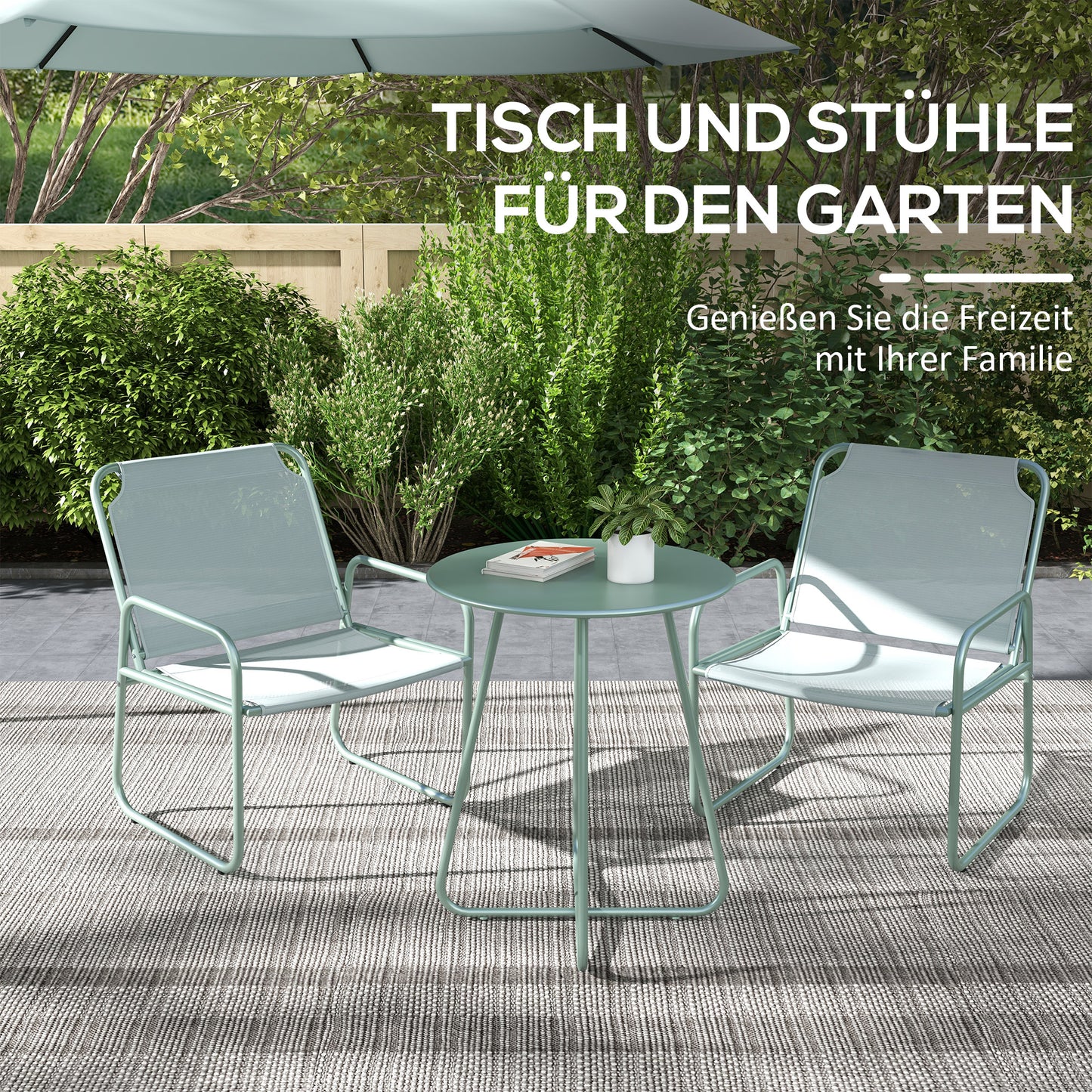 Outsunny 3-teiliges Gartenmöbelset، 2 Stühle mit atmungsaktivem Stoffbezug، 1 عداء Tisch Ø60 سم، Grün