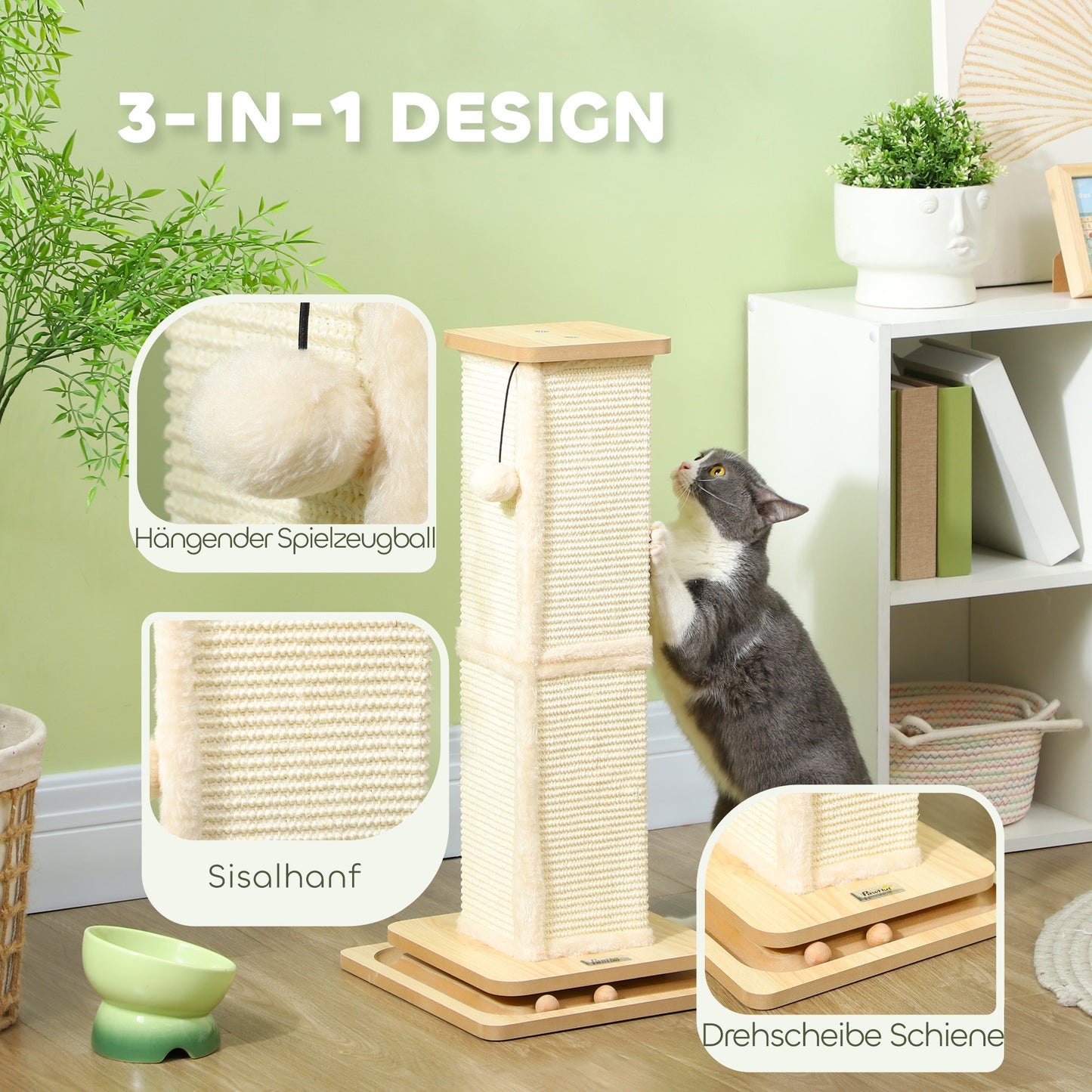 PawHut 3-in-1-Kratzbaum mit Spielschiene, Spielball, Sisal, bis 5 kg, 34 x 34 x 67 cm, Eiche/Creme