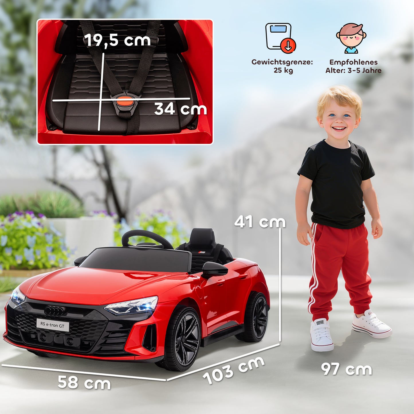HOMCOM Kinderauto, Elektroauto, Audi-lizenziert, mit Sicherheitsgurt, Fernbedienung, Licht, rot+schwarz, 103 x 58 x 41cm