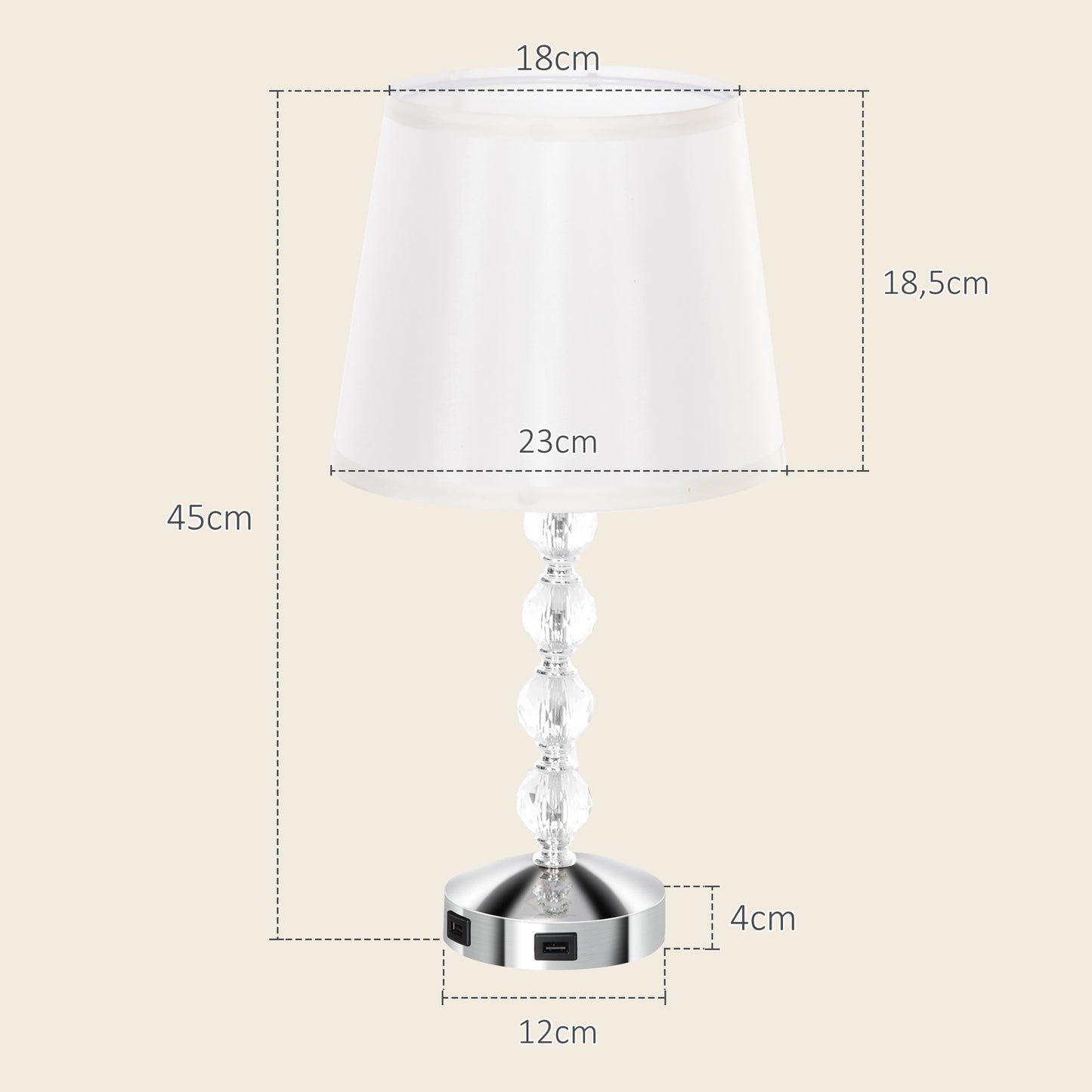 HOMCOM Kristall-Tischleuchte, Touch-Schalter, USB-Ladeanschluss, Ø23x45 cm, Silber