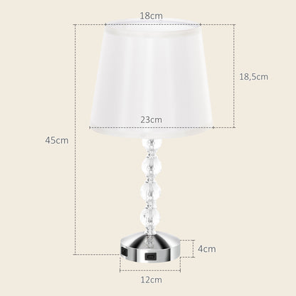 HOMCOM Kristall-Tischleuchte, Touch-Schalter, USB-Ladeanschluss, Ø23x45 cm, Silber