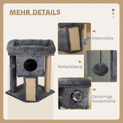 PawHut Kratzbaum mit Jute-Kratzmatte, Liegeplattform, Spielball, Katzenhaus, Beige, 40 x 40 x 57 cm