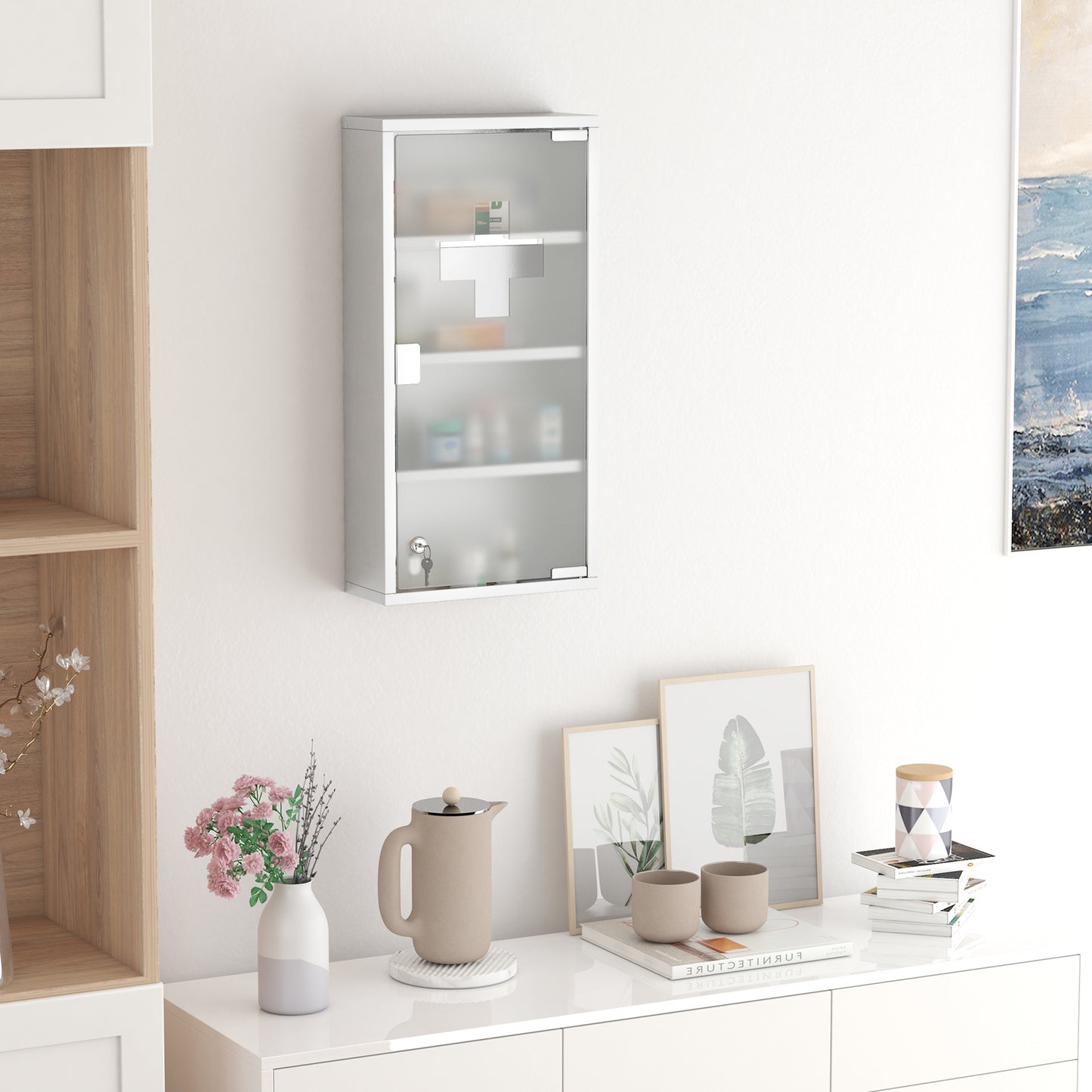 HOMCOM Medizinschrank Arzneischrank aus Edelstahl, Abschließbar Medikamentenschrank mit 4 Fächern, Glastür Apothekerschrank zur Medikamenten-Aufbewahrung, 30 x 12 x 60 cm