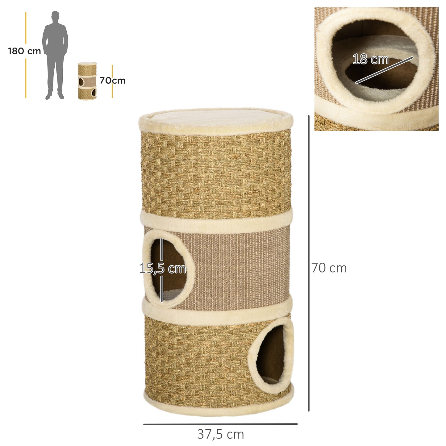 PawHut Kratztonne, Höhe 70 cm, Katzenkratzbaum für katzen 3 Ebenen Katzenbaum Kletterbaum Katzenmöbel mit Sisal Plüsch