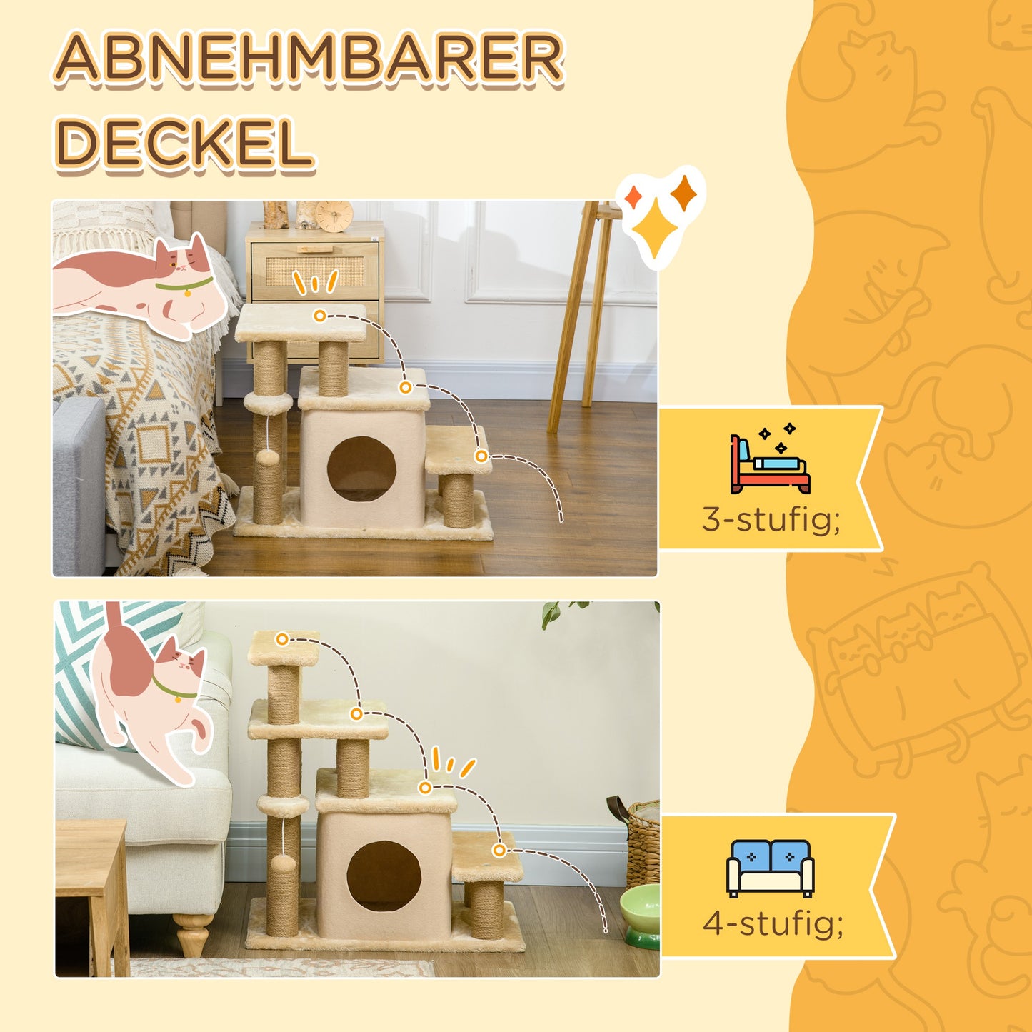 PawHut Haustiertreppe, Kratzbaum, 4 Stufen, Spielball, Häuschen, höhenverstellbar, 60 x 40 x 66 cm, Beige