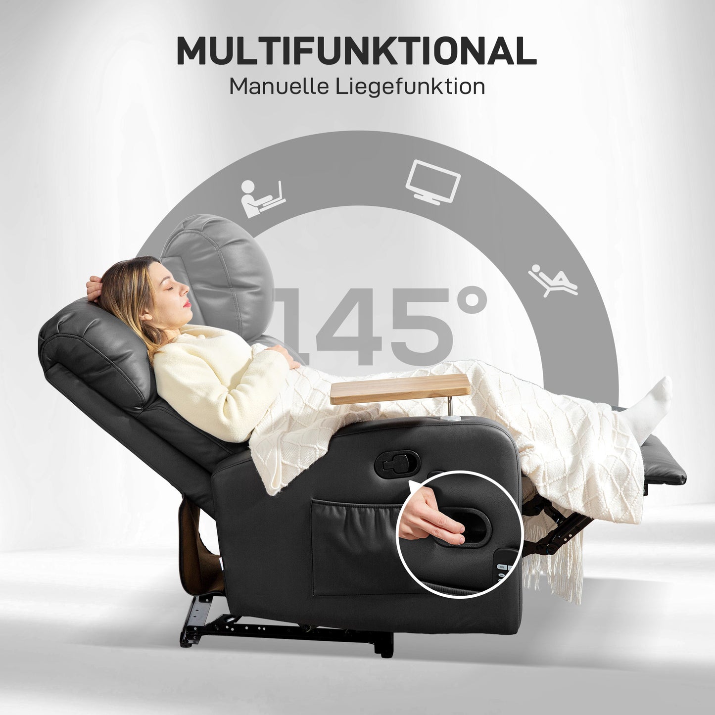 HOMCOM Massagesessel Relaxsessel Liegesessel, 1 Klapptisch, 1 Fußstütze; 77 cm x 93 cm x 105 cm, Schwarz