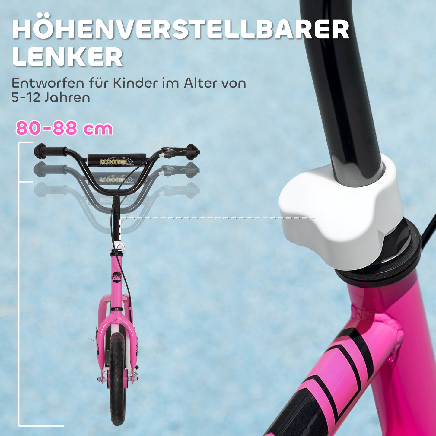 AIYAPLAY Kinderroller mit verstellbarem Lenker, große Räder, Parkständer, Handbremse, für Kinder im Alter von 5-12 Jahren, Rosa