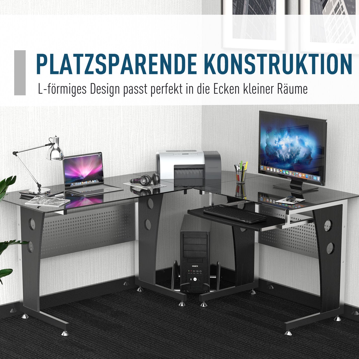 HOMCOM Computertisch Eckschreibtisch Schreibtisch Bürotisch PC Tisch mit schwarzem Sicherheitsglas L-förmig 164x139x75 cm