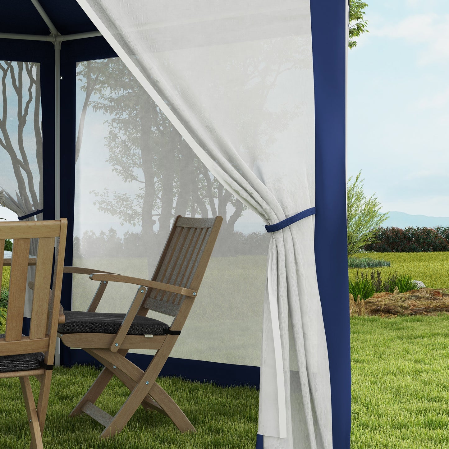 Outsunny Gartenpavillon, 6-eckig, Netzvorhänge, Metallgestell, 3,94x3,412x2,5m, Blau