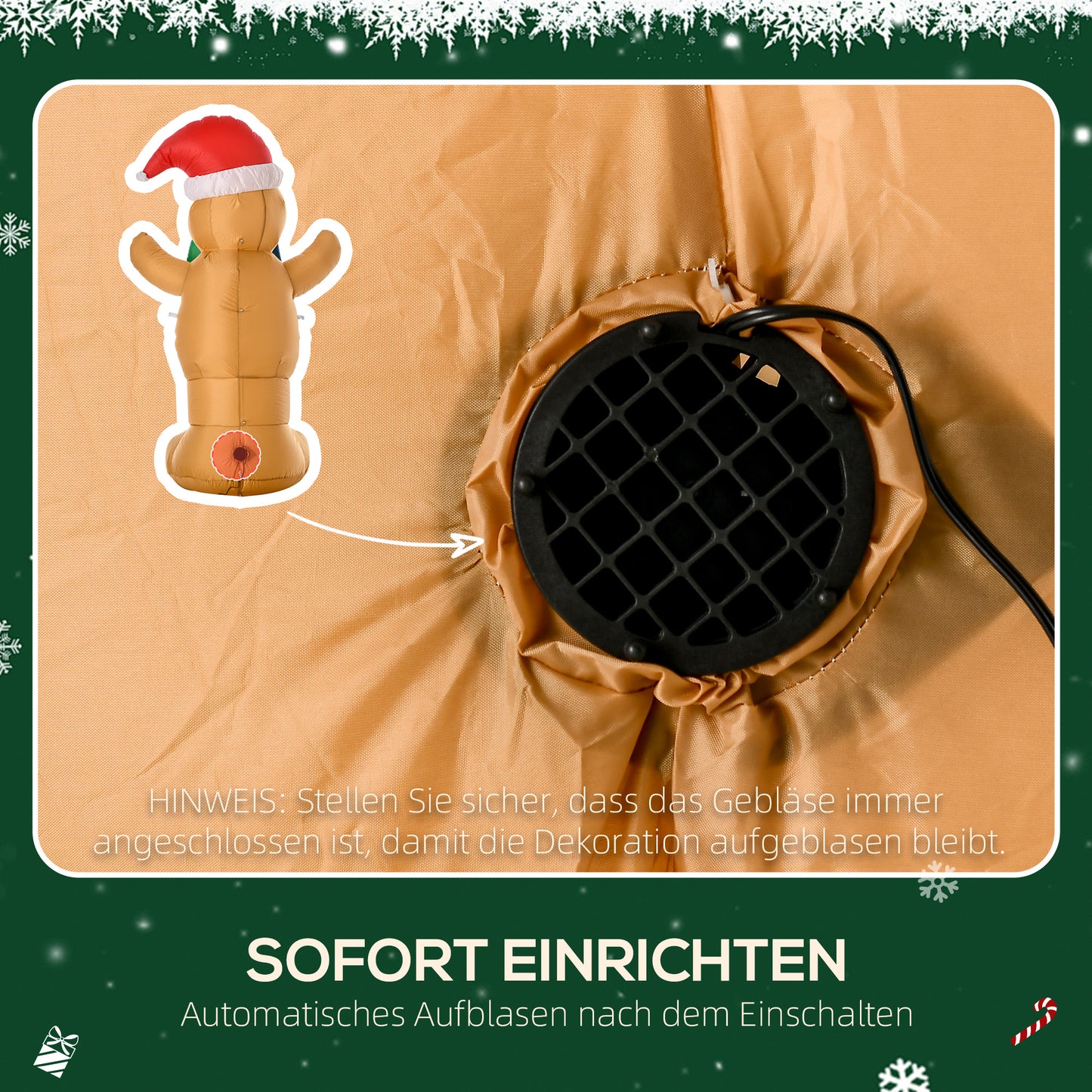HOMCOM Aufblasbare Weihnachtsdeko 1,83 m Lebkuchenmann mit Schleife, 3 LEDs, internes Gebläse Gartendeko
