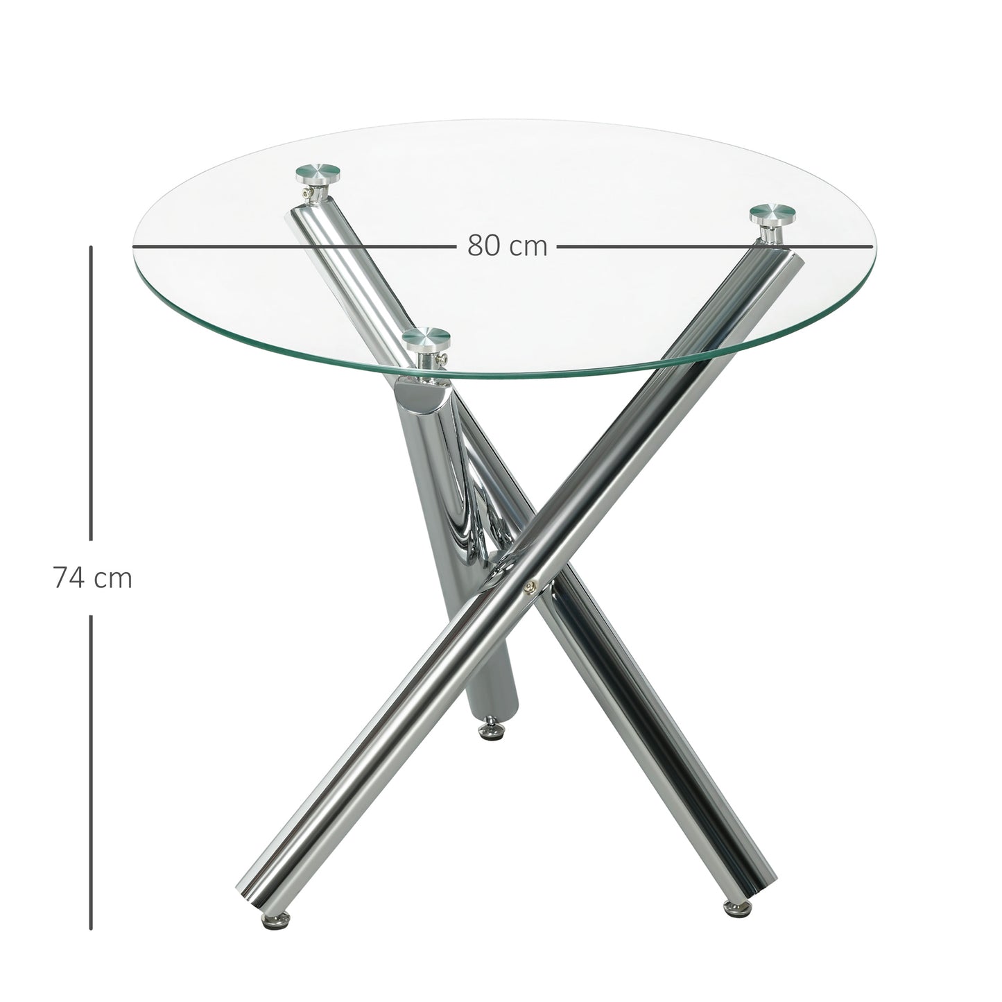 HOMCOM Esstisch, runde Hartglasplatte, randloses Design, für 2-4 Personen, Stahlbeine, 80 x 80 x 74 cm