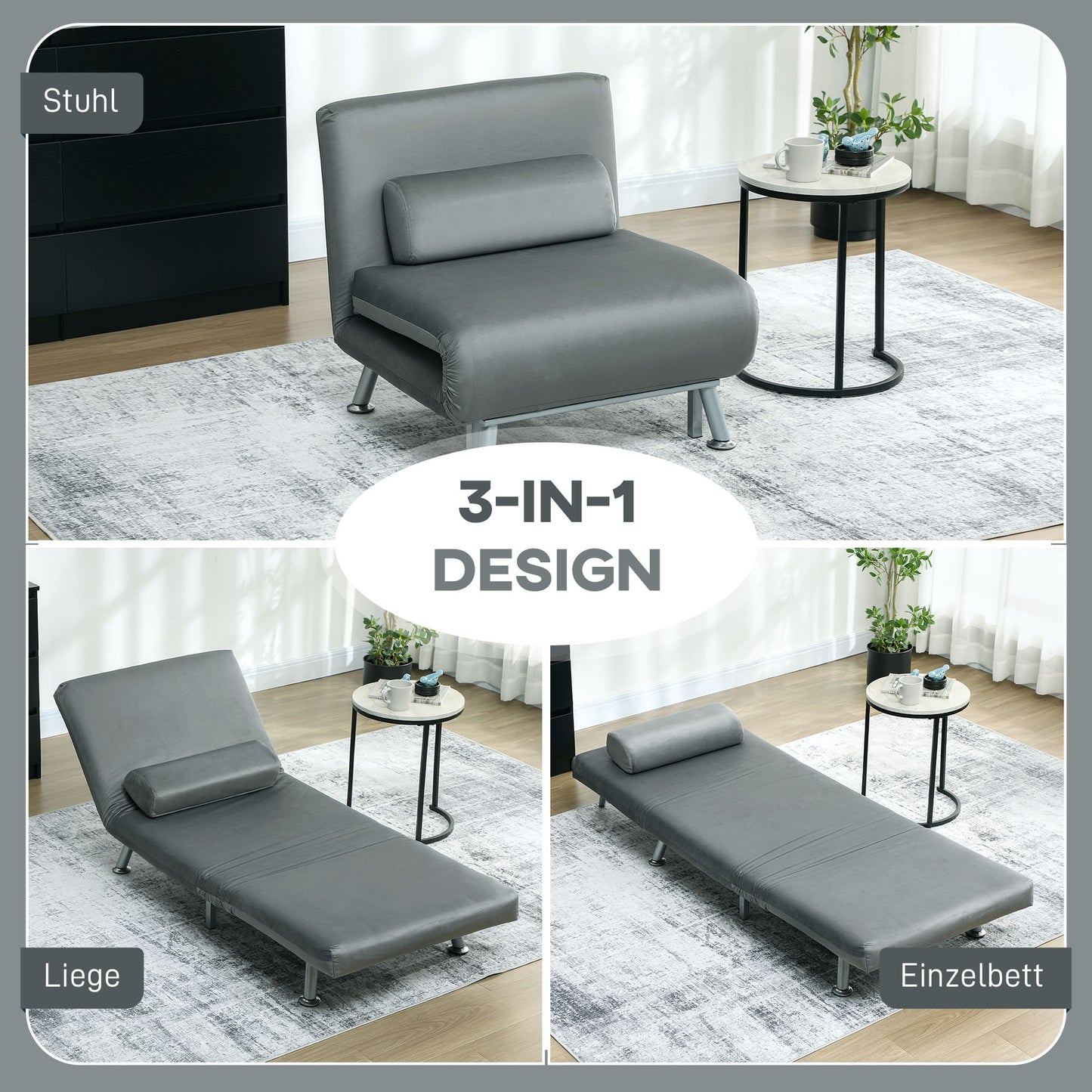 HOMCOM Klappsessel mit Bettfunktion، klappbarer Relaxsessel in Samtoptik، Verstellbare Rückenlehne، 75 × 70 × 75 سم، غراو