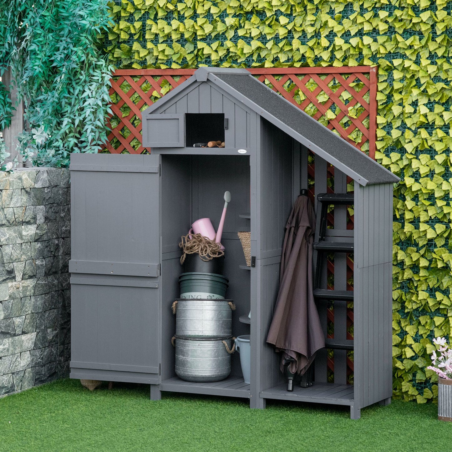 Outsunny Gartenschrank, offenes Brennholzfach, verriegelbare Tür, wetterfest, Naturholz, 129 x 51,5 x 180cm, grau+schwarz
