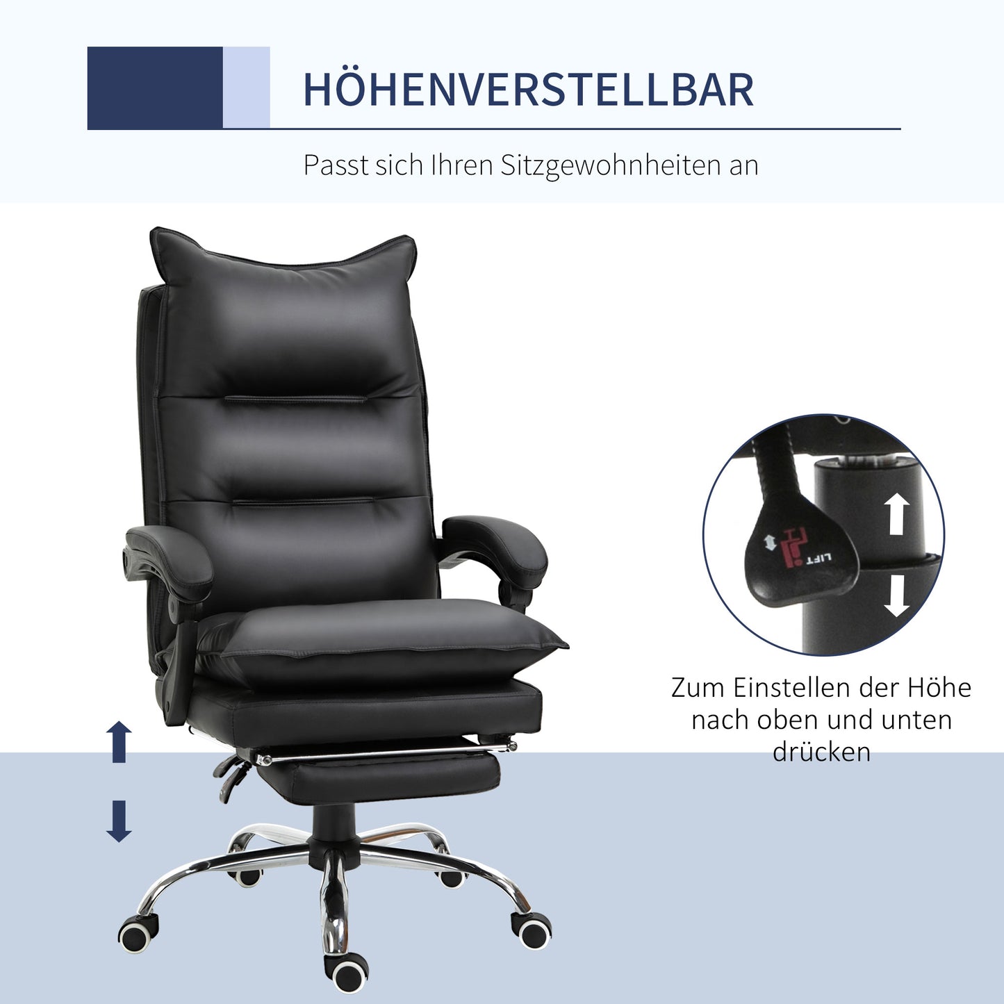 Vinsetto Bürostuhl Ergonomischer Schreibtischstuhl mit Armlehne, Fußstütze, Höhenverstellbarer Drehstuhl aus Kunstleder, Gepolstert Computerstuhl, Schwarz