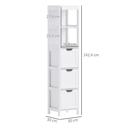HOMCOM Badezimmerschrank, 2 Regale, 3 Schubladen, wasserabweisendes Material, Weiß