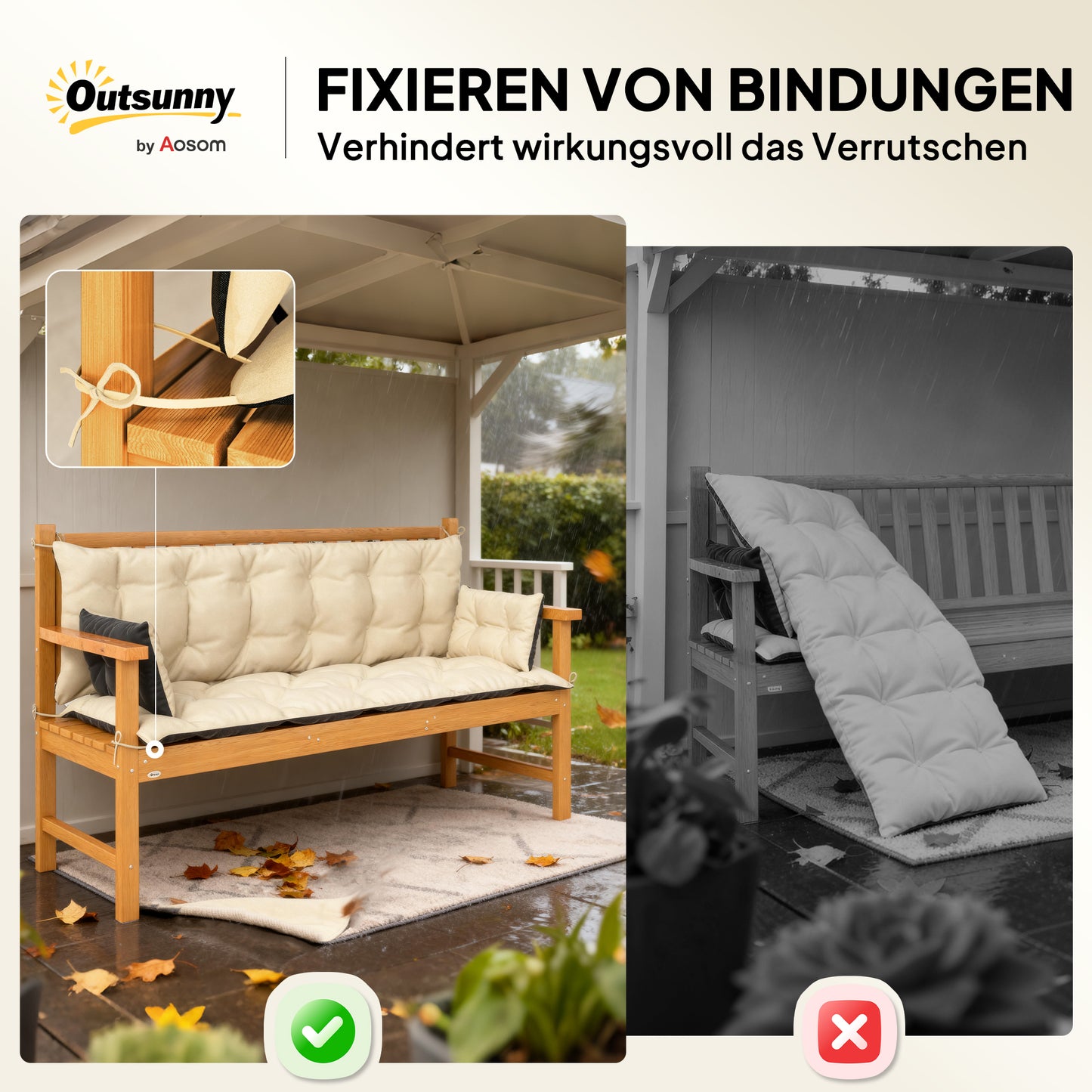 Outsunny Outdoor-Kissen-Set für Bank oder Hollywoodschaukel, zweifarbig, Polyester, Schaumstoff, 180 x 110 x 8 cm, Beige+Schwarz