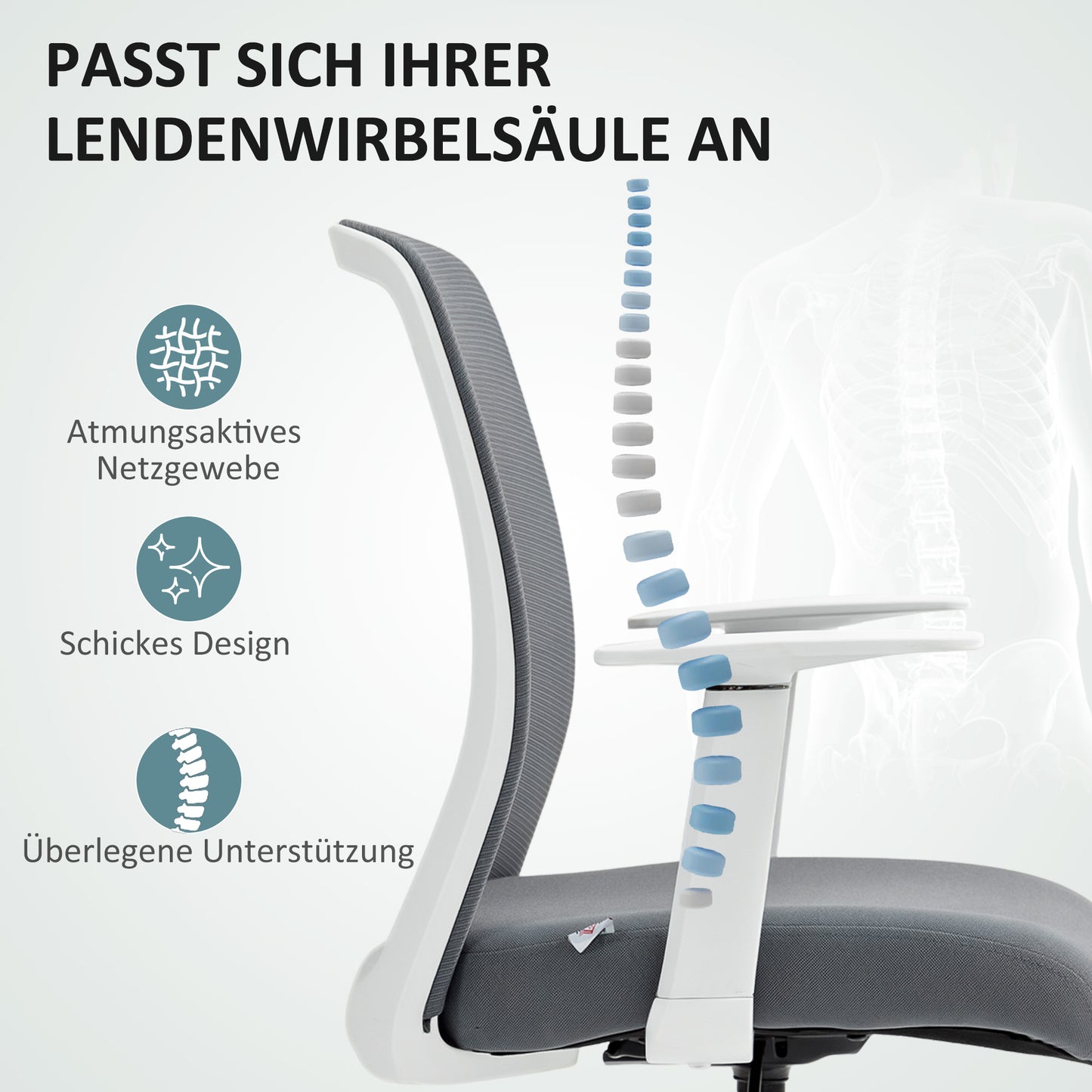 HOMCOM Schreibtischstuhl, drehbar, rollbar, Netzrücken, Schaumstoffkissen, Grau