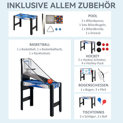 SPORTNOW 5-in-1-Spieletisch, Billard, Tischtennis, Hockey, Basketball, Bogenschießen, Zubehör inklusive, MDF, Kunststoff, Blau
