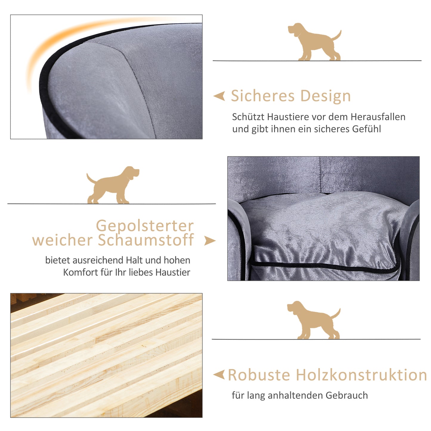 PawHut Hundesofa, Hundebett, waschbares Sitzkissen, Plüschbezug, Naturholzrahmen, hellgrau, 69 x 49 x 38cm